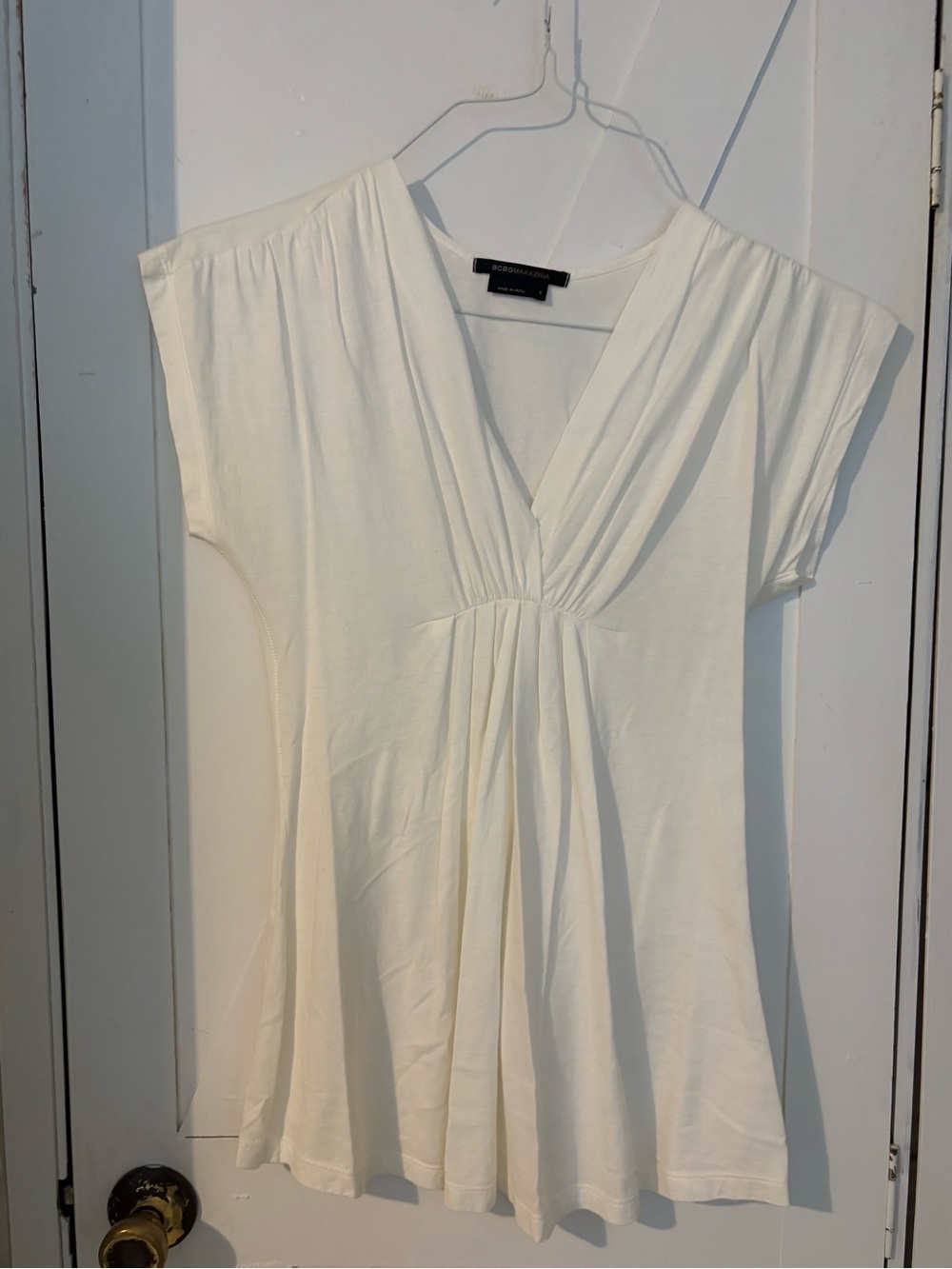 BCBGMAXAZRIA Ivory Deep V Neck Empire Waist Blouse Top Small